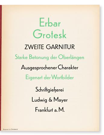[SPECIMEN BOOKS — JAKOB ERBAR]. Erbar Grotesk Schriften [mit vier Garnituren]. Ludwig & Mayer, Frankfurt. Circa 1927.
